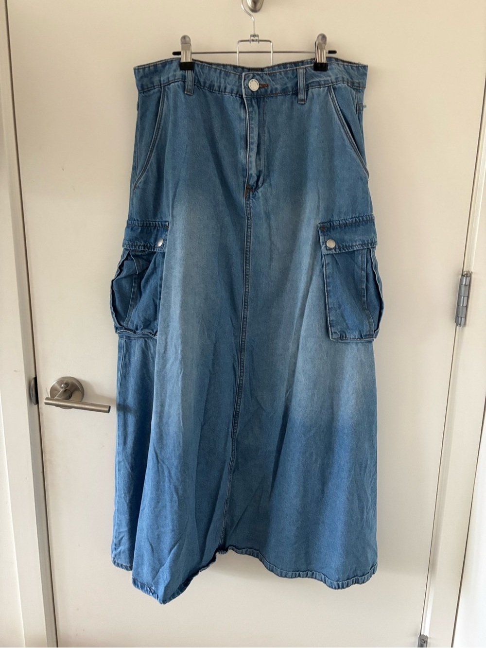 Blank NYC Light Blue Denim Maxi Skirt with Cargo Detail